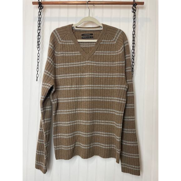 Club Monaco Other - Club Monaco Mens Brown Stripe V-Neck 100% Lambs Wool Beige Sweater Pullover M